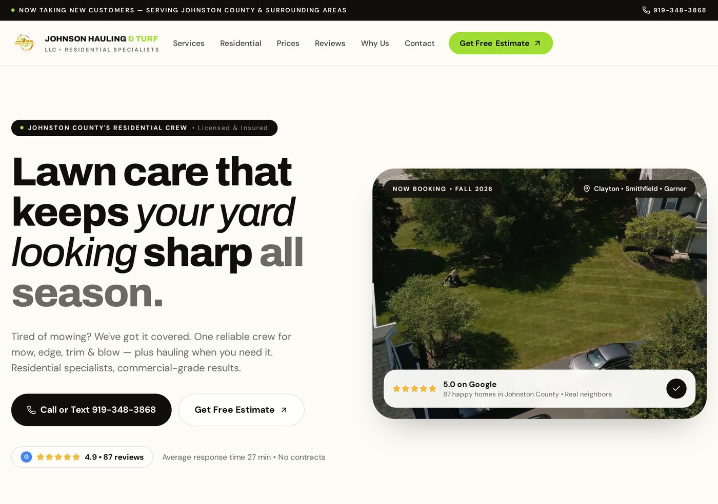 Johnson Hauling & Turf LLC homepage designed by LocalLift Studio