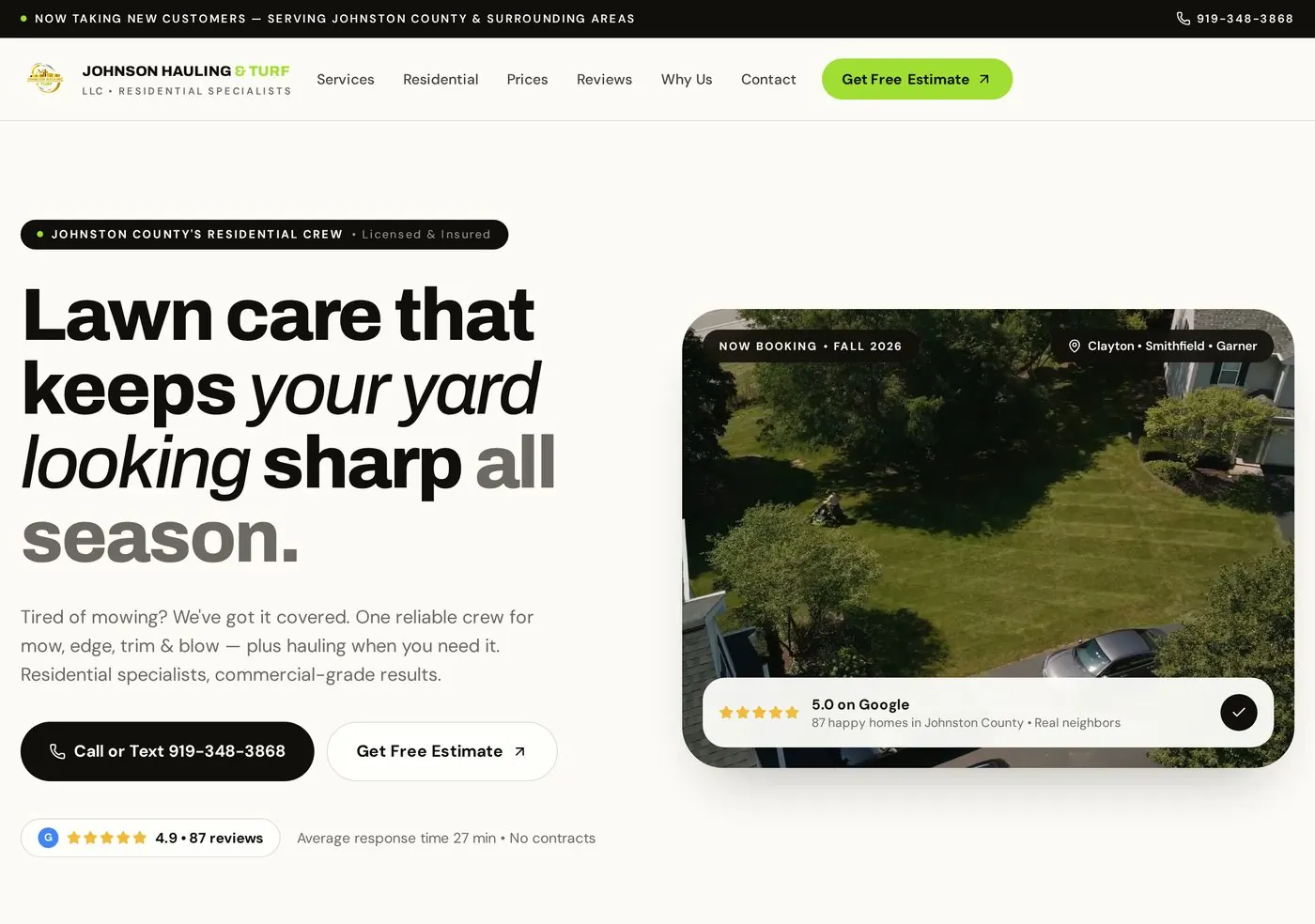 Johnson Hauling & Turf LLC homepage designed by LocalLift Studio