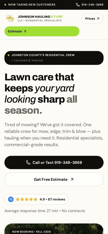 Johnson Hauling & Turf website shown on a phone